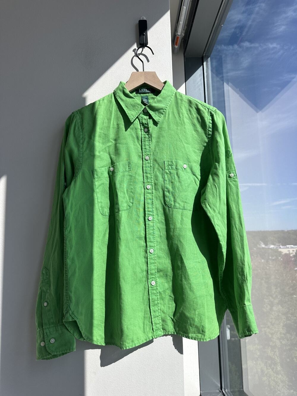 Lauren Ralph Lauren 100% Linen Green Long Sleeve Breathable Coastal Button-Up L